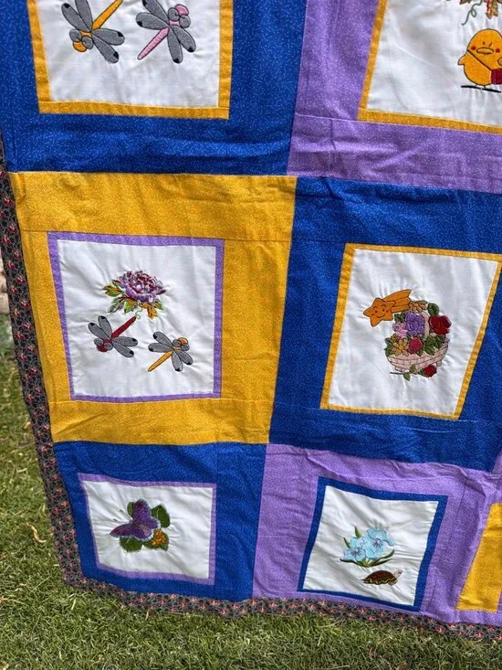 Vintage Hand Embroidered Quilt Throw Floral Butterfly Patchwork 47 x 45 - Picture 4 of 13